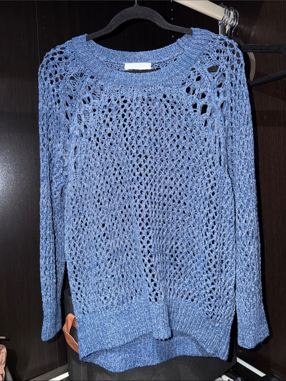 Sandro Periwinkle Open-Knit Crewneck Sweater mixed tape yarn size L oversize